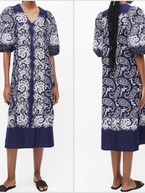 Sea New York Dresses & Skirts - Sea New York Navy & White Paisley Midi Dress with Puff Sleeves